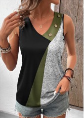 Black Button Geometric Print Sleeveless V Neck Tank Top