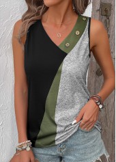 Black Button Geometric Print Sleeveless V Neck Tank Top | thumb picture 