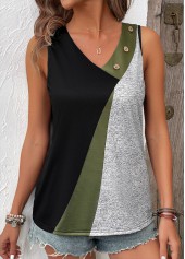 Black Button Geometric Print Sleeveless V Neck Tank Top | thumb picture 