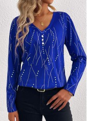 Plus Size Dark Blue Button Geometric Print T Shirt | thumb picture 
