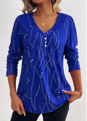 Plus Size Dark Blue Button Geometric Print T Shirt