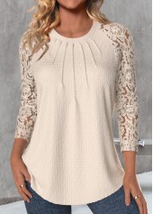 Skin Color Lace Long Sleeve Round Neck T Shirt