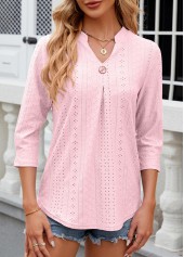 Light Pink Button 3/4 Sleeve Split Neck T Shirt