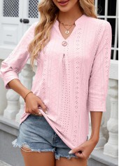 Light Pink Button 3/4 Sleeve Split Neck T Shirt | thumb picture 