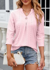 Light Pink Button 3/4 Sleeve Split Neck T Shirt | thumb picture 