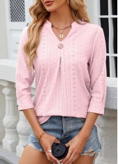 Light Pink Button 3/4 Sleeve Split Neck T Shirt | thumb picture 