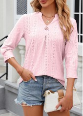 Light Pink Button 3/4 Sleeve Split Neck T Shirt | thumb picture 