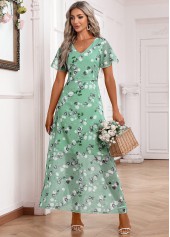 Light Green Zipper Floral Print Maxi Short Sleeve Dress | thumb picture 