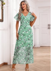 Light Green Zipper Floral Print Maxi Short Sleeve Dress | thumb picture 