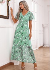 Light Green Zipper Floral Print Maxi Short Sleeve Dress