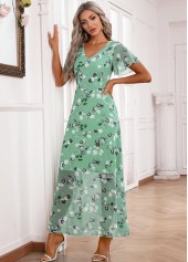 Light Green Zipper Floral Print Maxi Short Sleeve Dress | thumb picture 