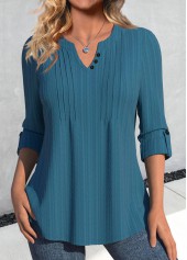 Peacock Blue Tuck Stitch Long Sleeve Split Neck Blouse