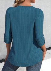 Peacock Blue Tuck Stitch Long Sleeve Split Neck Blouse | thumb picture 