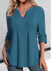 Peacock Blue Tuck Stitch Long Sleeve Split Neck Blouse | thumb picture 