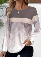 Light Coffee Patchwork Geometric Print Long Sleeve T Shirt | thumb picture 