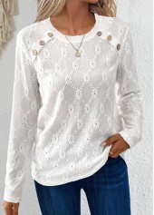 White Button Long Sleeve Round Neck T Shirt