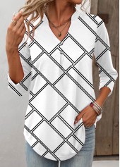 White Button Geometric Print Long Sleeve T Shirt