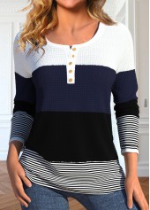 Black Patchwork Striped Long Sleeve Round Neck T Shirt
