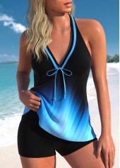 V Neck Bowknot Ombre Blue Tankini Set