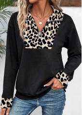 Black Patchwork Leopard Long Sleeve Turn Down Collar Sweatshirt