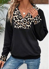 Black Patchwork Leopard Long Sleeve Turn Down Collar Sweatshirt | thumb picture 