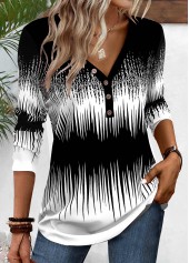 Black Patchwork Ombre Long Sleeve V Neck T Shirt