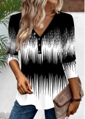 Black Patchwork Ombre Long Sleeve V Neck T Shirt | thumb picture 