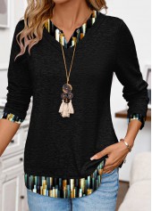 Black Patchwork Ombre Long Sleeve Split Neck T Shirt