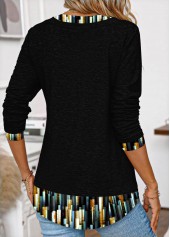 Black Patchwork Ombre Long Sleeve Split Neck T Shirt | thumb picture 