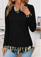 Black Patchwork Ombre Long Sleeve Split Neck T Shirt | thumb picture 