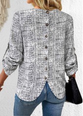 Black Button Graffiti Print Long Sleeve V Neck Blouse