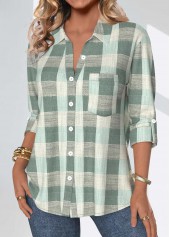 Sage Green Button Plaid Three Quarter Length Sleeve Blouse | thumb picture 