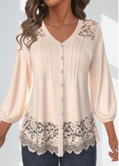Skin Color Lace 3/4 Sleeve V Neck Blouse