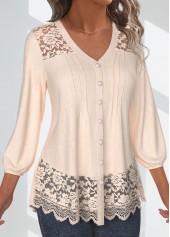 Skin Color Lace 3/4 Sleeve V Neck Blouse | thumb picture 