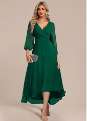 Green Surplice High Low Three Quarter Length Sleeve Dress