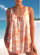 Bowknot Tropical Plants Print Dusty Pink Tankini Set