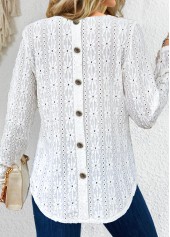 White Button Long Sleeve Round Neck T Shirt