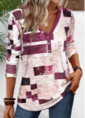 Dark Reddish Purple Button Geometric Print T Shirt | thumb picture 