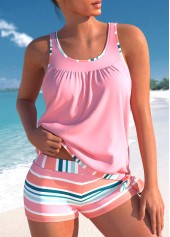 Plus Size Bowknot Pink Multi Stripe Print Tankini Set