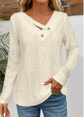 Beige Textured Fabric Long Sleeve V Neck T Shirt