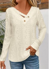 Beige Textured Fabric Long Sleeve V Neck T Shirt | thumb picture 