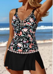 Patchwork Random Floral Print Black Tankini Set