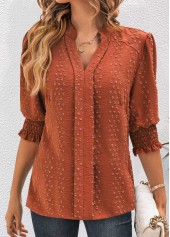 Brick Red Jacquard Half Sleeve Split Neck Blouse