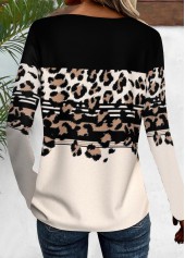 Black Patchwork Leopard Long Sleeve V Neck T Shirt | thumb picture 