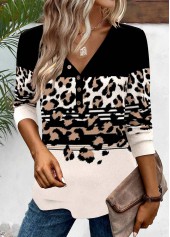 Black Patchwork Leopard Long Sleeve V Neck T Shirt | thumb picture 