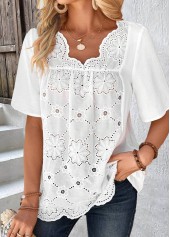 White Embroidery Half Sleeve V Neck Blouse