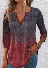 Wine Red Eyelet Ombre 3/4 Sleeve T Shirt