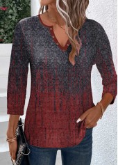 Wine Red Eyelet Ombre 3/4 Sleeve T Shirt | thumb picture 