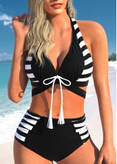 Bowknot Cutout Striped Black Bikini Set