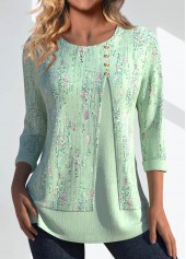 Light Green Button Geometric Print 3/4 Sleeve T Shirt